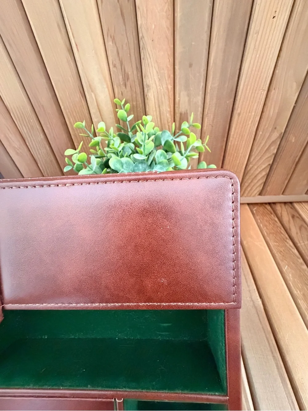 Vintage Faux Leather Valet Tray Jewelry Organizer Brown Green Flocked Interior